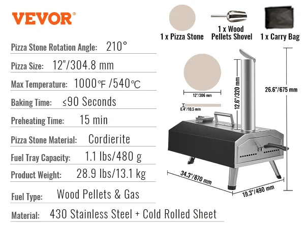 Outdoor 12" Portable Pizza Oven Wood Fired Baking