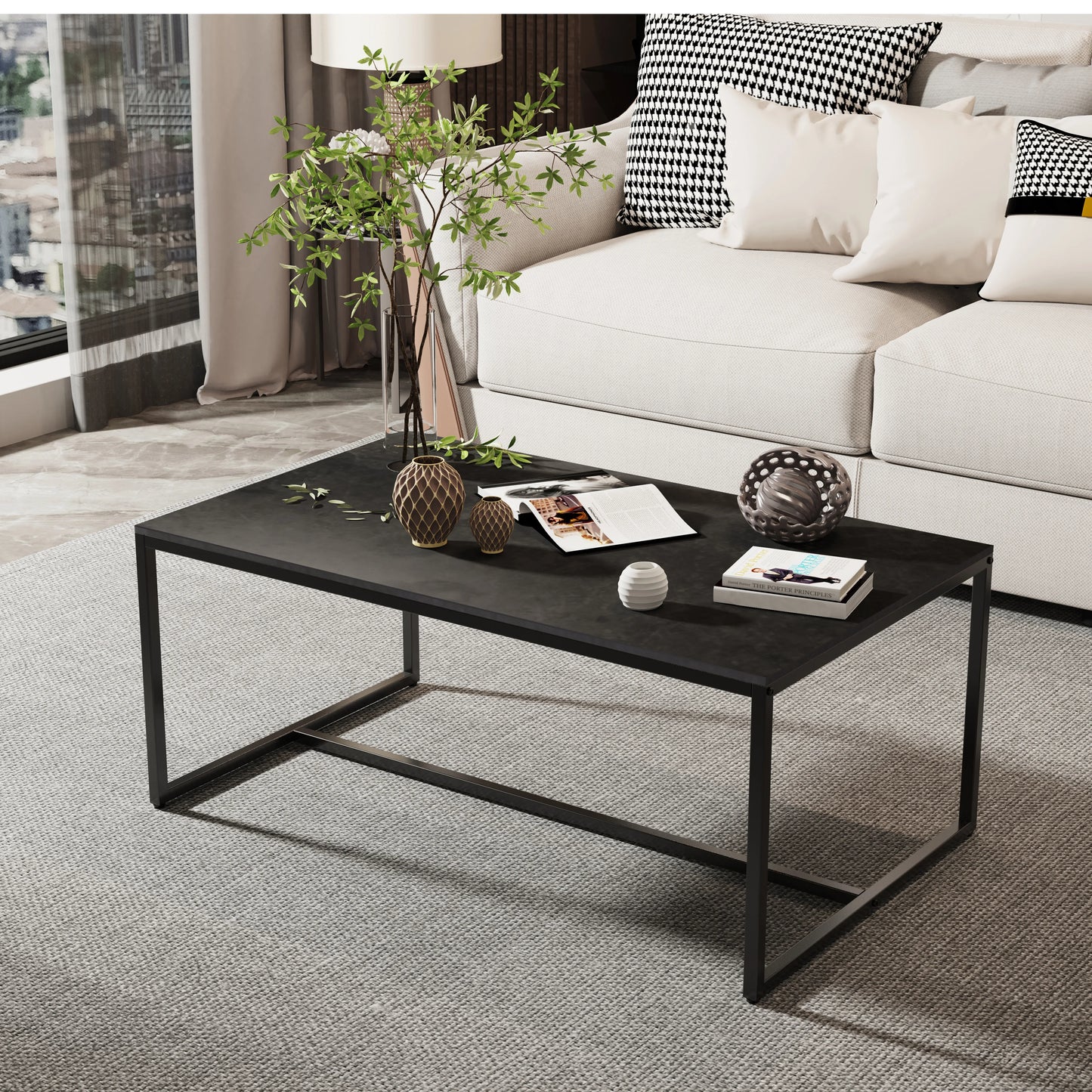Sintered Stone Coffee Table with Black Metal Frame