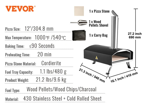 Outdoor 12" Portable Pizza Oven Wood Fired Baking