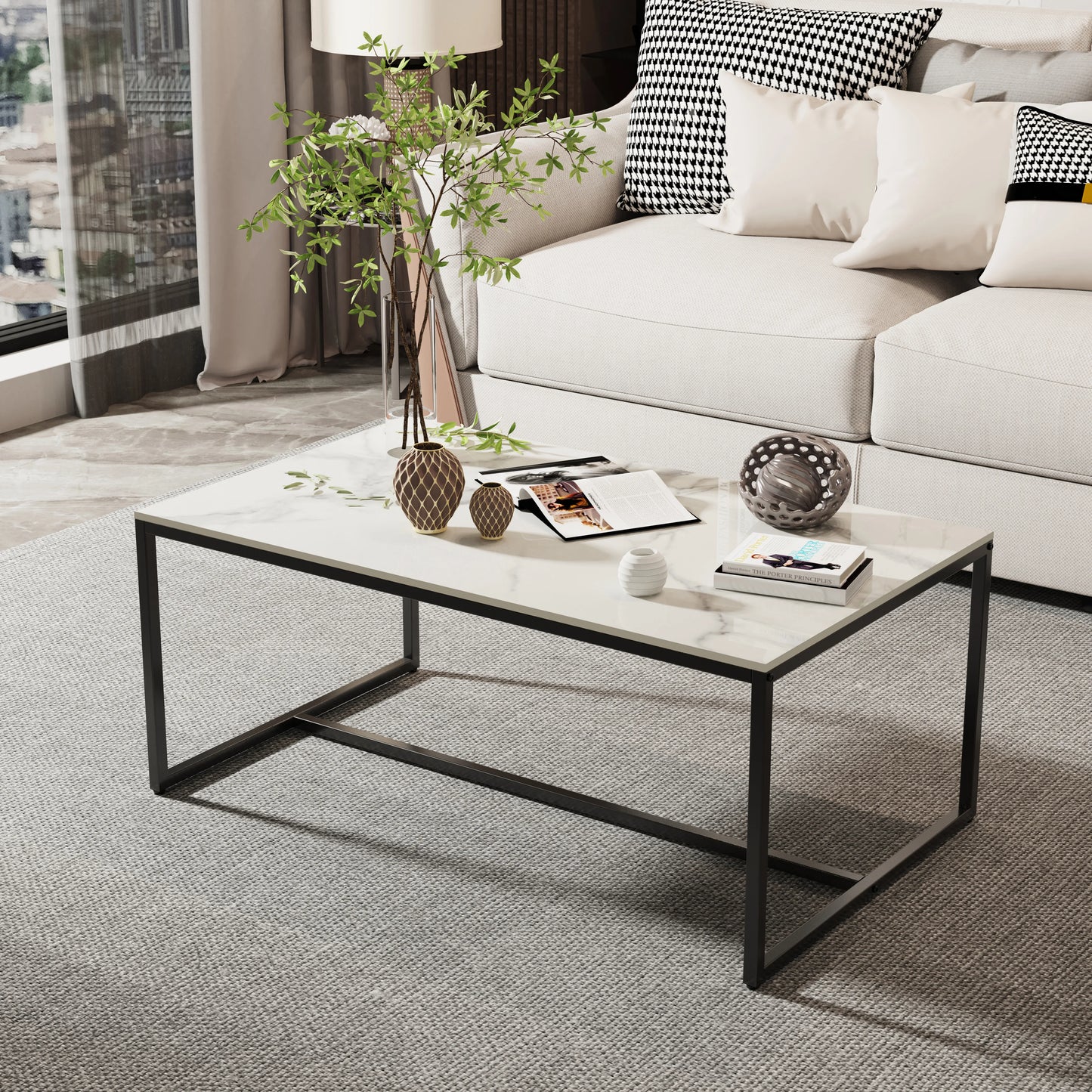 Sintered Stone Coffee Table with Black Metal Frame