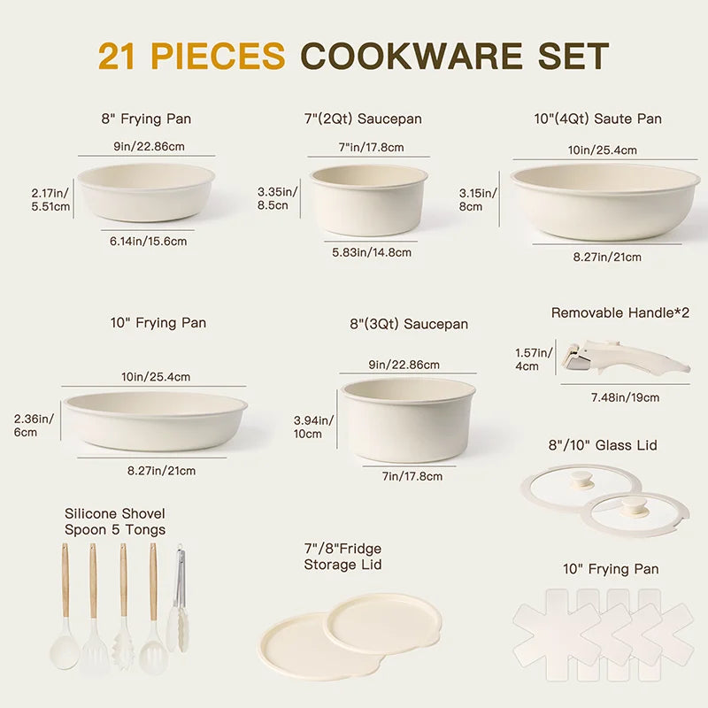 21 Piece Pots Pans Non-Stick, Ceramic Cookware