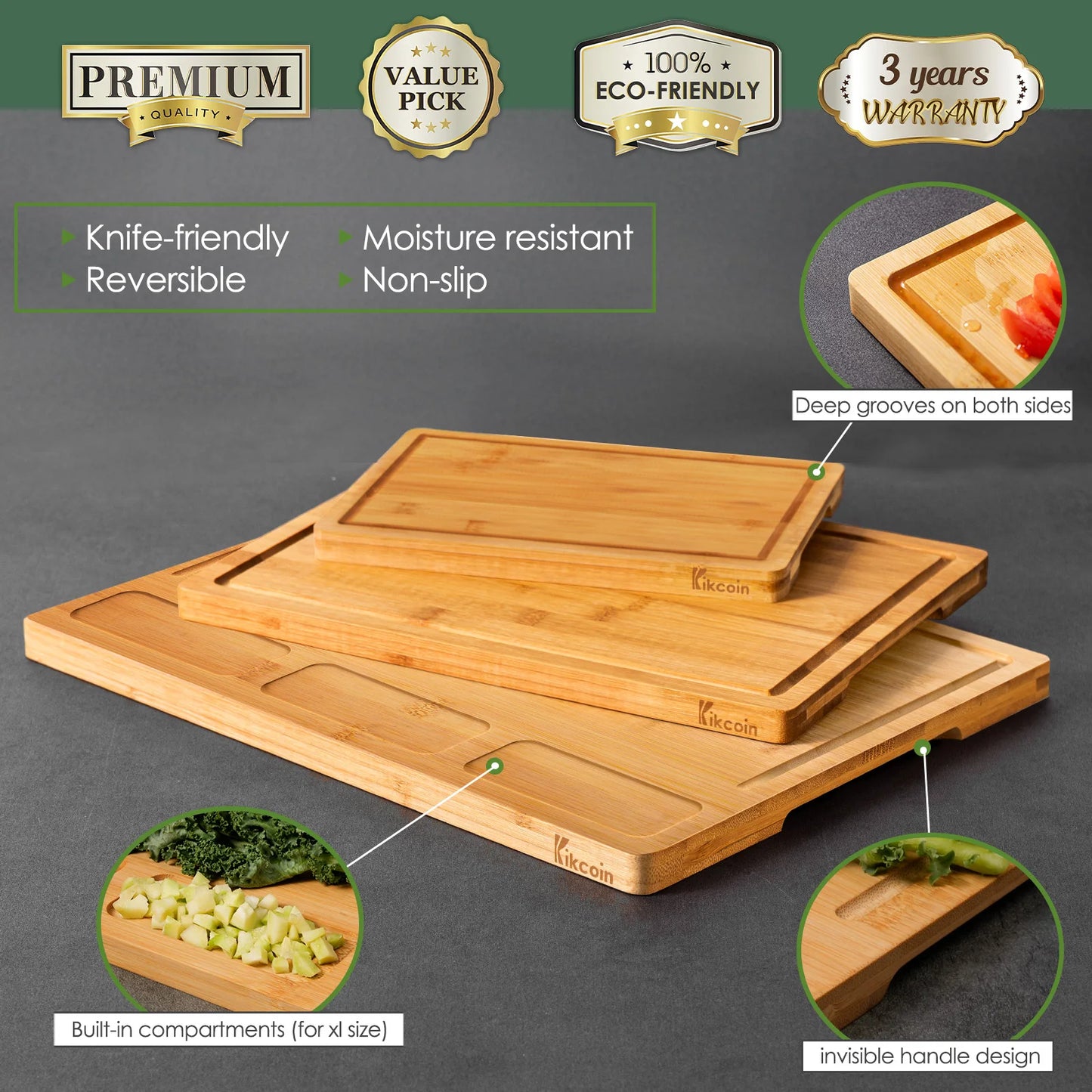 3 Piece Kitchen Cutting Board Juice Groove,