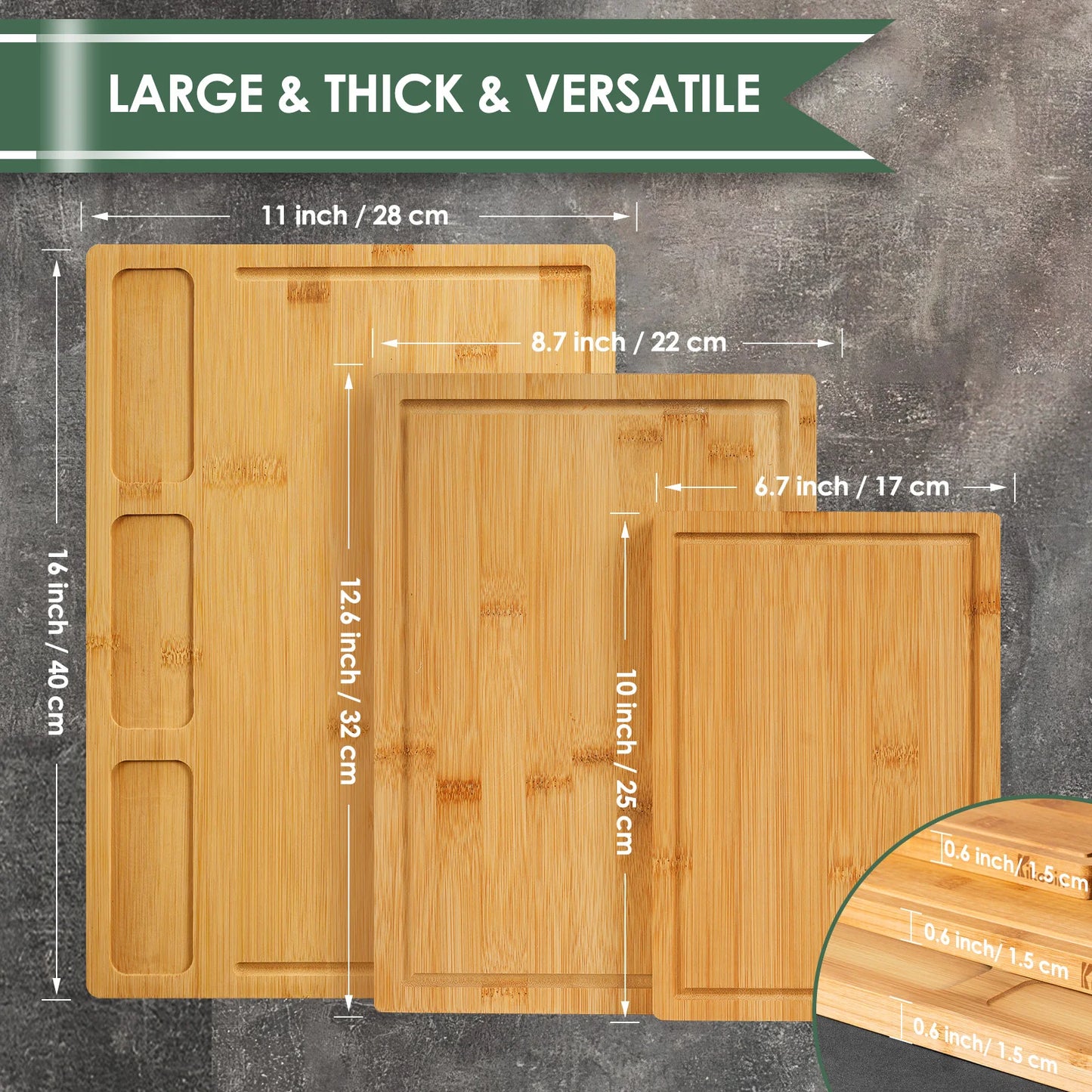 3 Piece Kitchen Cutting Board Juice Groove,