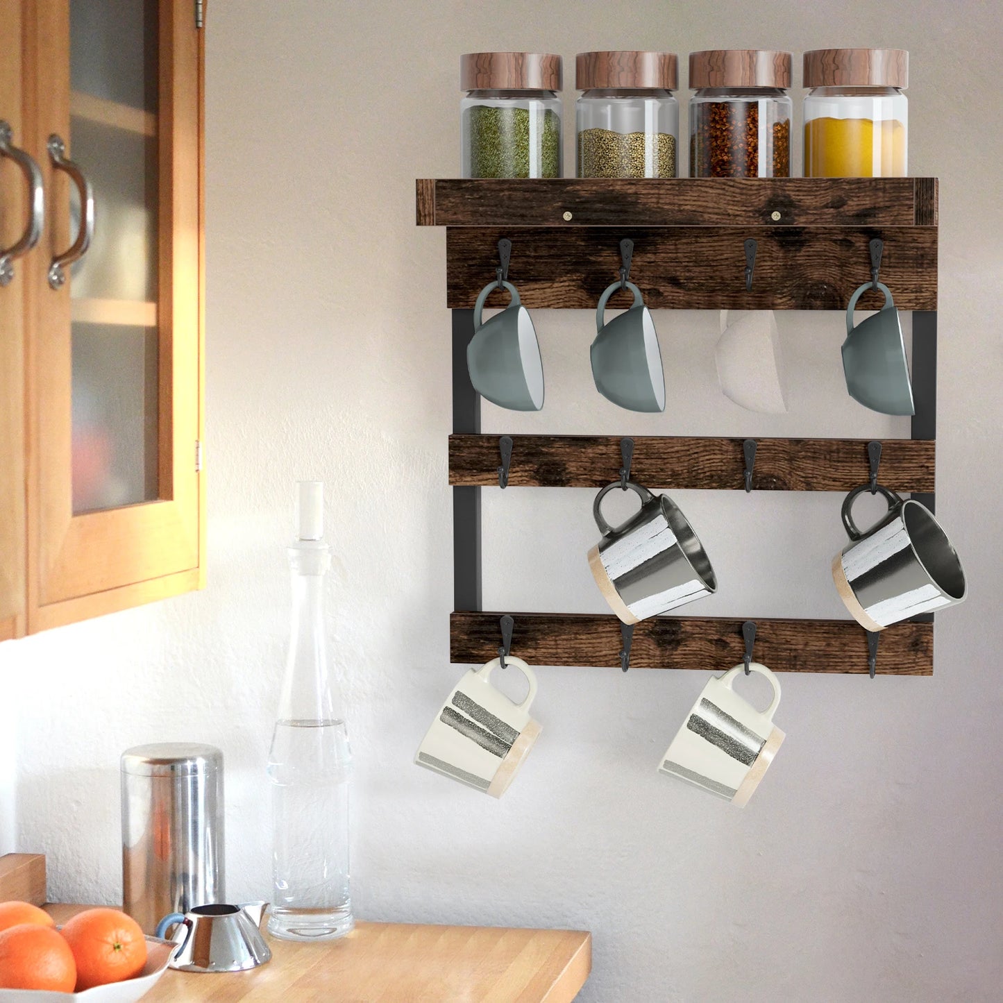 Wall Mounted Coffee Mug Holder 12 Hooks Storage