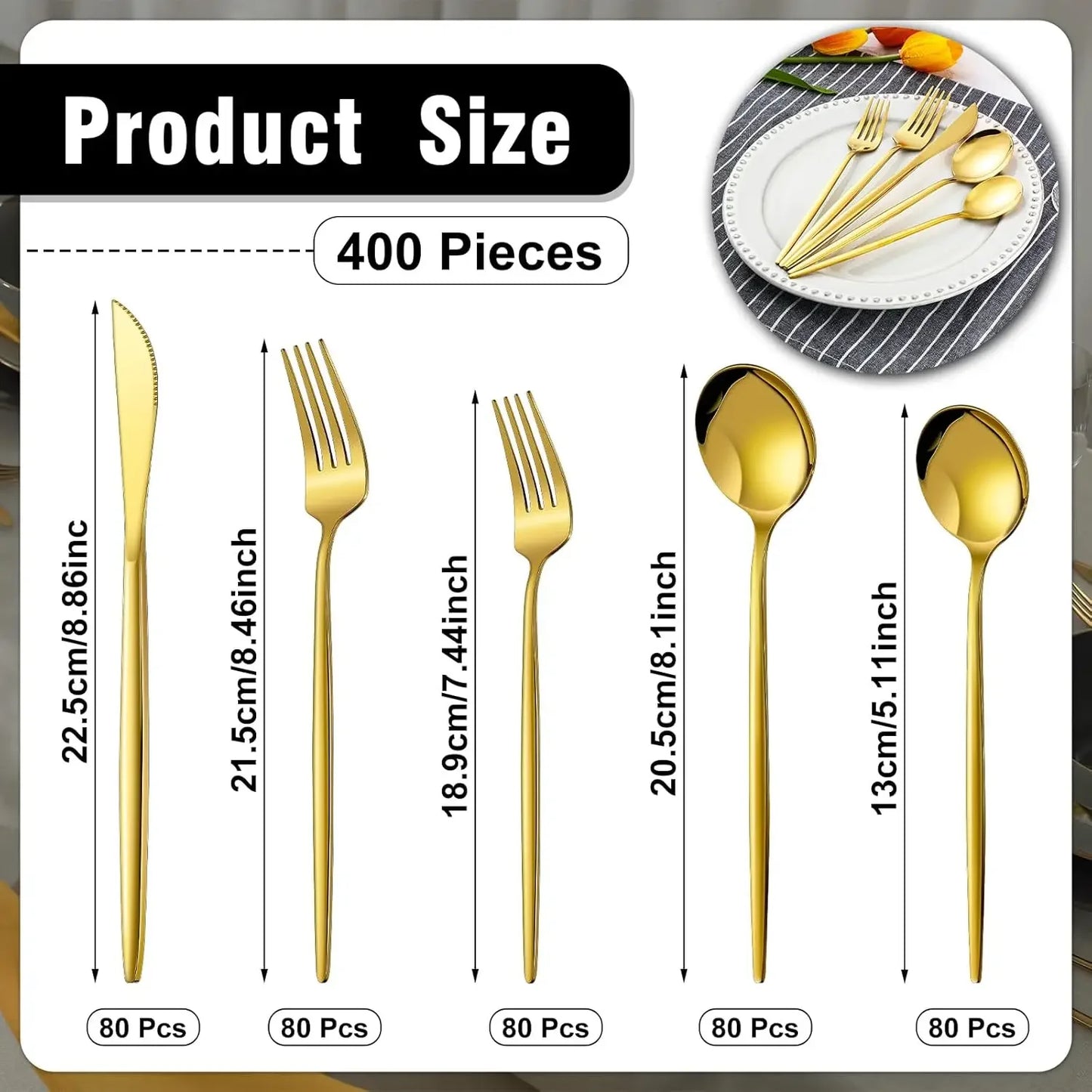 400 Pcs Gold Silverware Stainless Steel Flatware