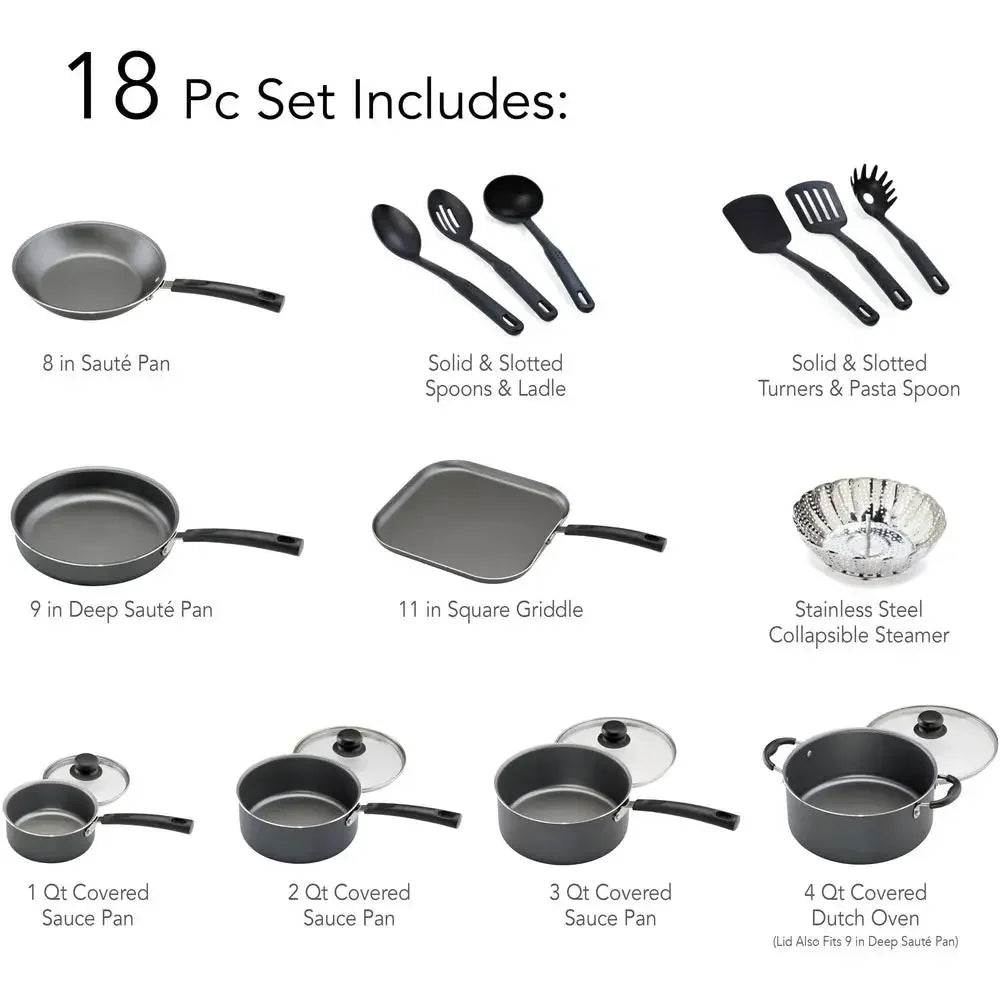 18-Piece Stainless Steel Nonstick Cookware Glass Lids