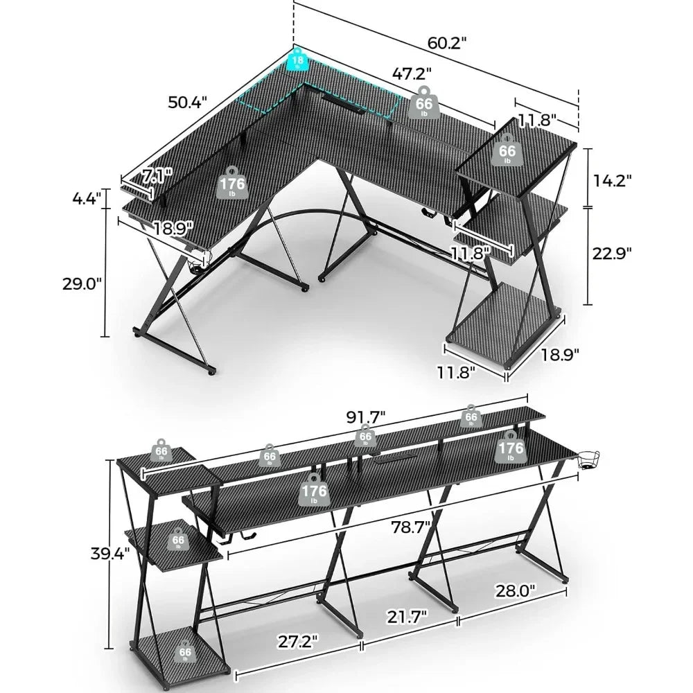 L Shaped Gaming Desk LED Lights Power Outlet