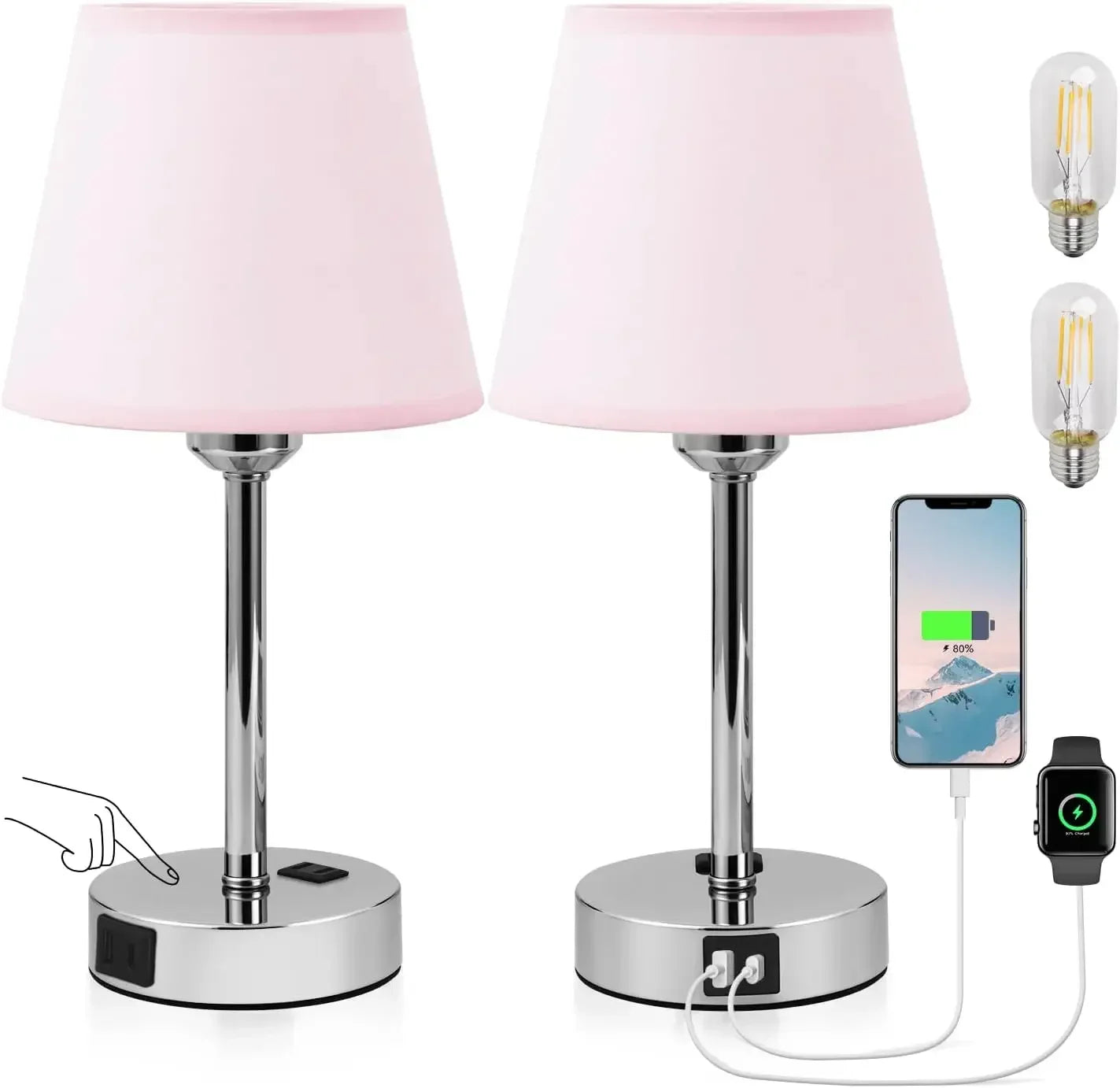 Bedside Table Lamps 2 -LED Bulbs Included, Touch