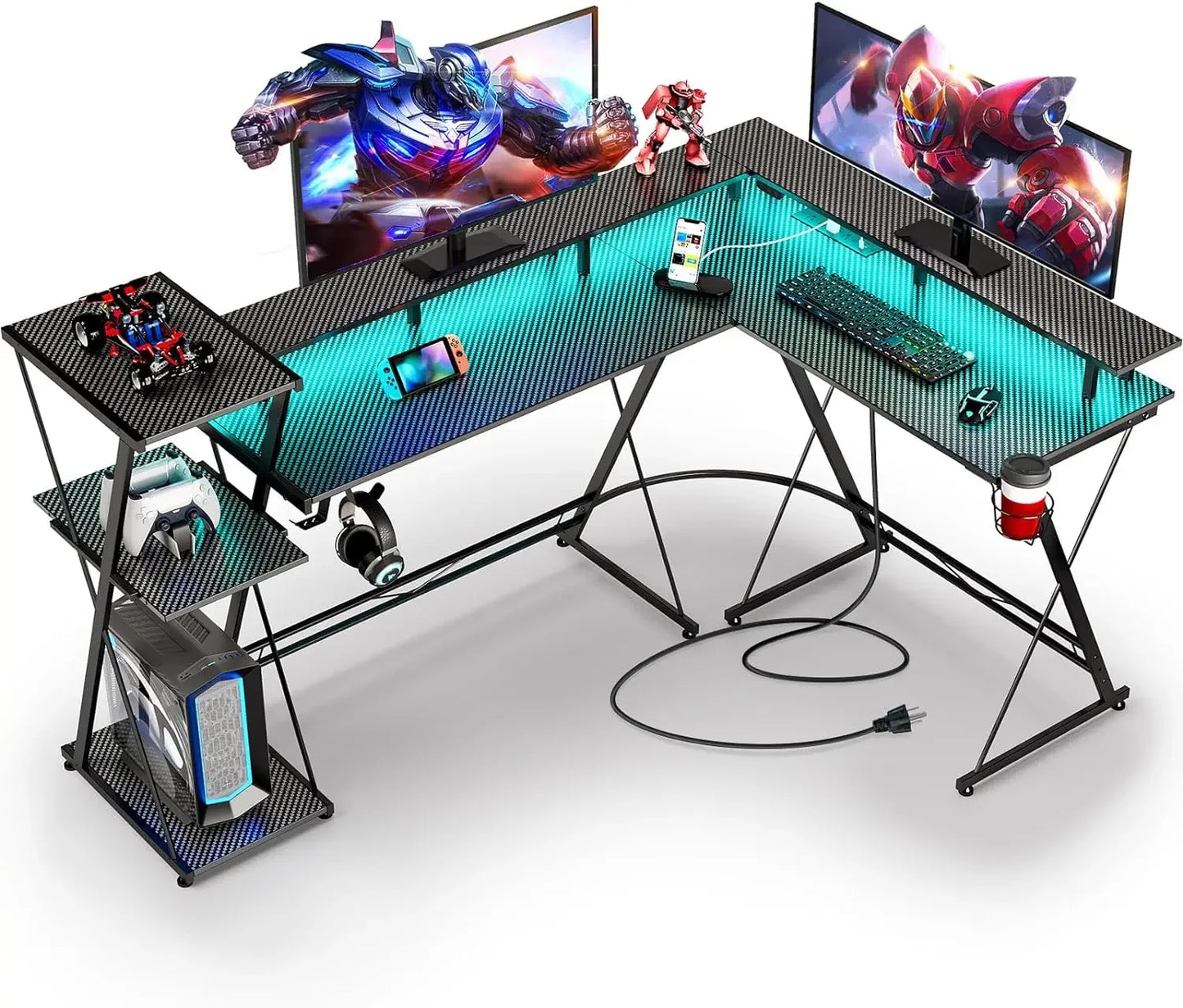 L Shaped Gaming Desk LED Lights Power Outlet