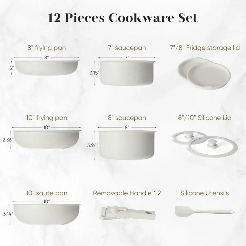 12 Pcs Pots Pans Nonstick Cookware Detachable Handle