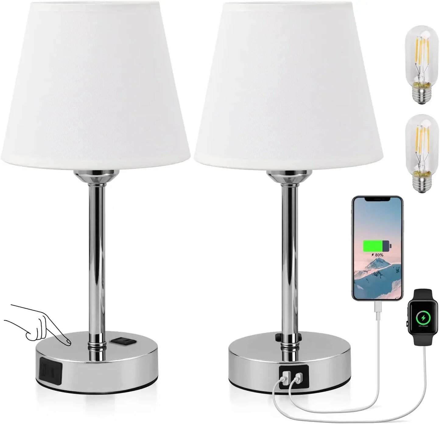 Bedside Table Lamps 2 -LED Bulbs Included, Touch