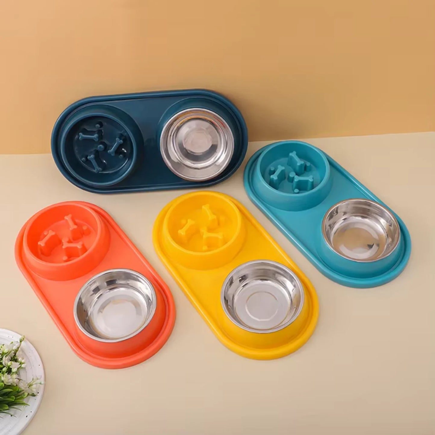 Double Bowls Cat Food Slow Feeder Bowl