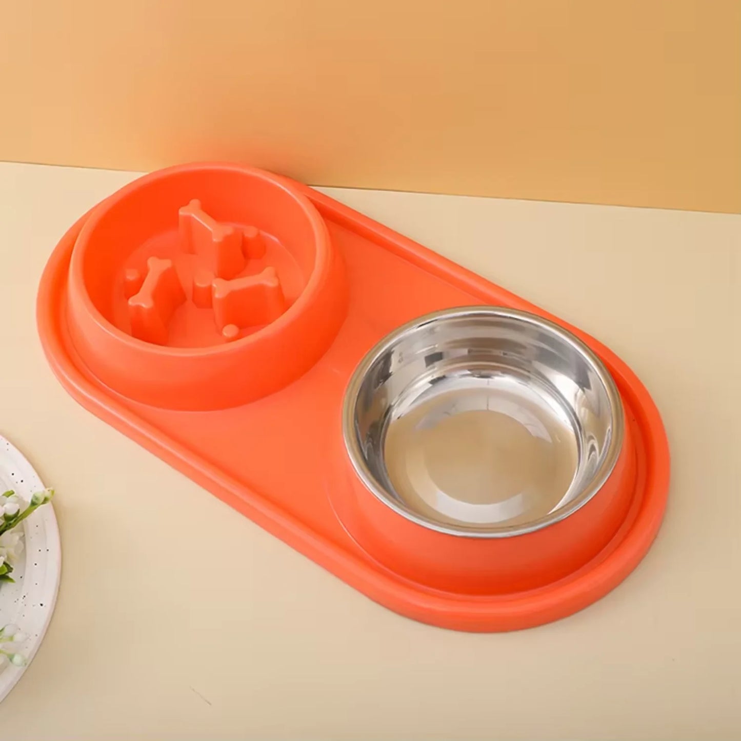 Double Bowls Cat Food Slow Feeder Bowl