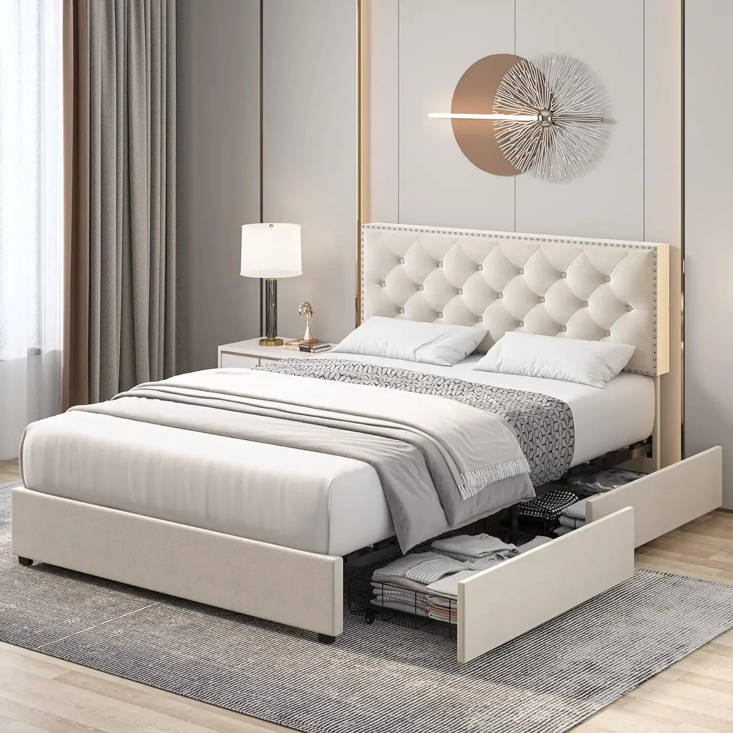 King Size Bed Frame 4 Storage Drawers, Modern