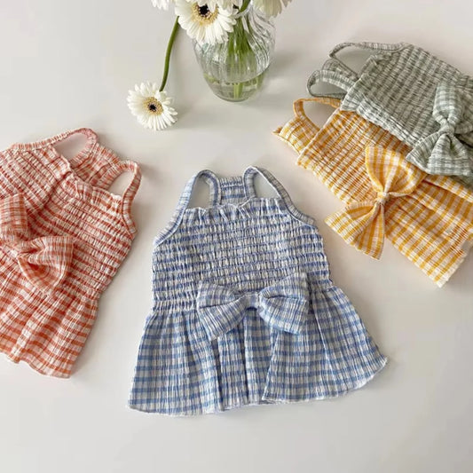 Dog Dress Suspender Skirt Bow Striped Vest