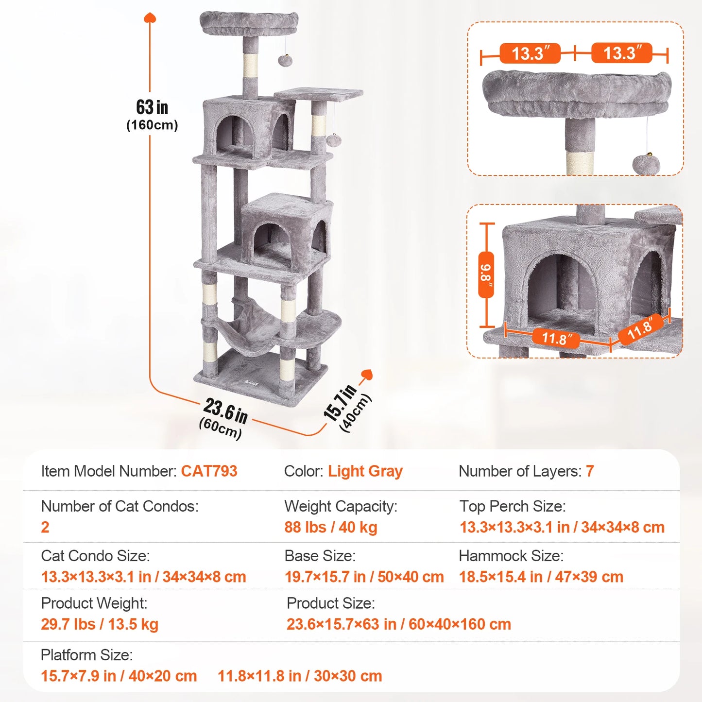 Cat Tree 45.2" Condo Scratching Post Hammock