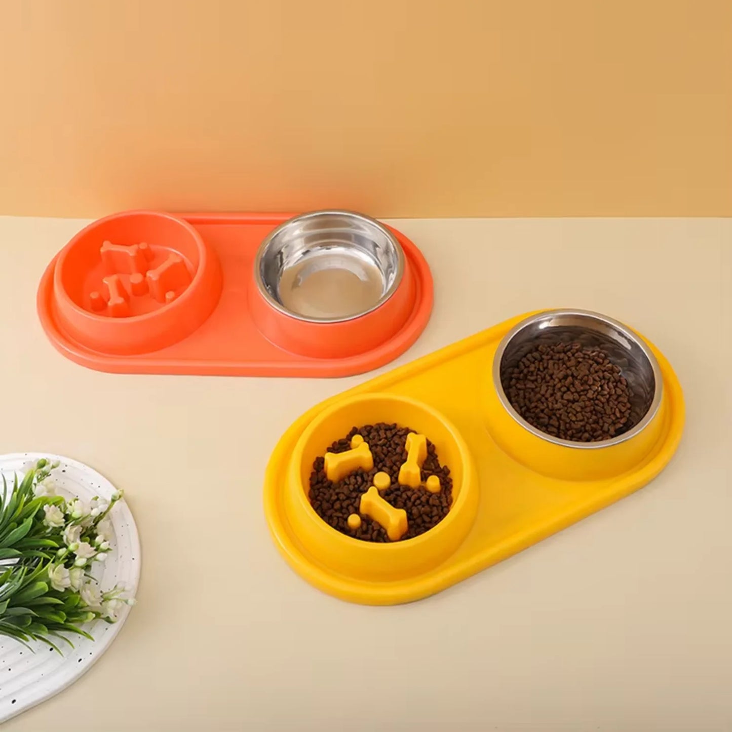 Double Bowls Cat Food Slow Feeder Bowl