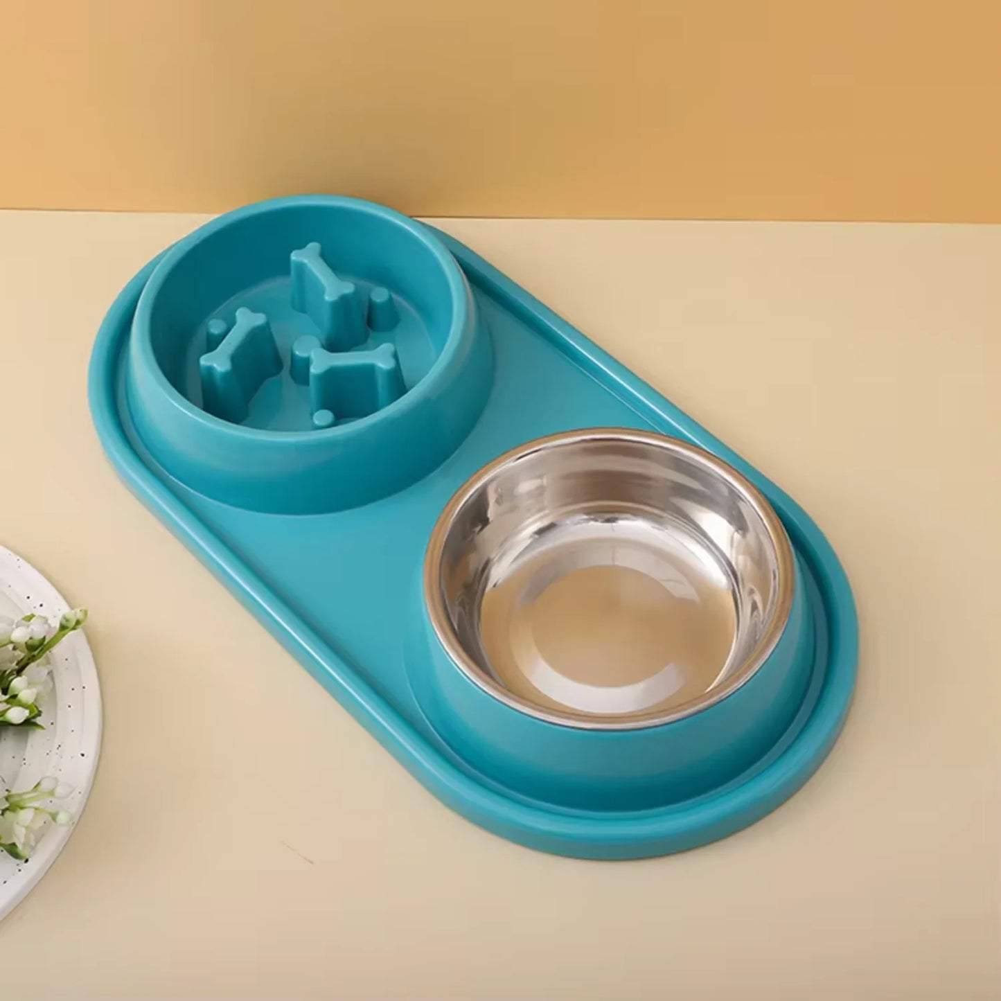 Double Bowls Cat Food Slow Feeder Bowl