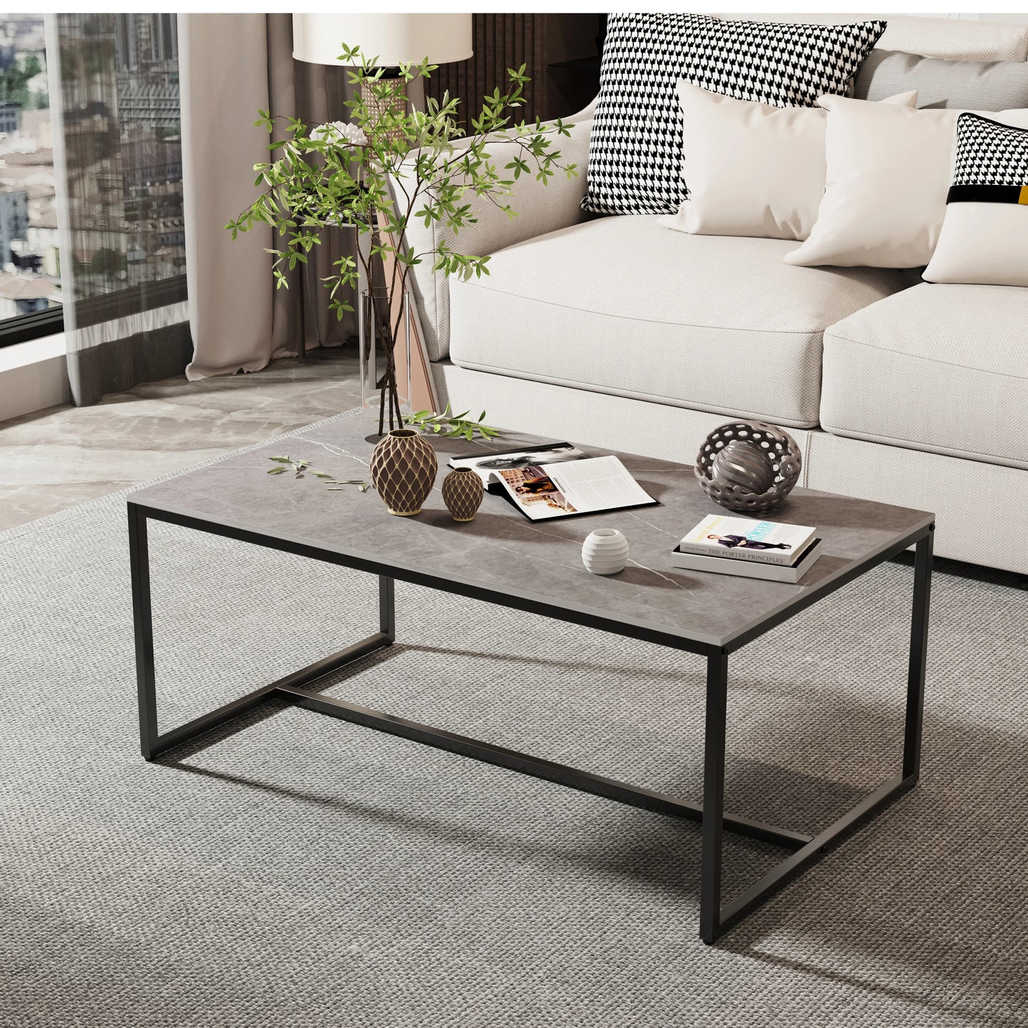 Sintered Stone Coffee Table with Black Metal Frame