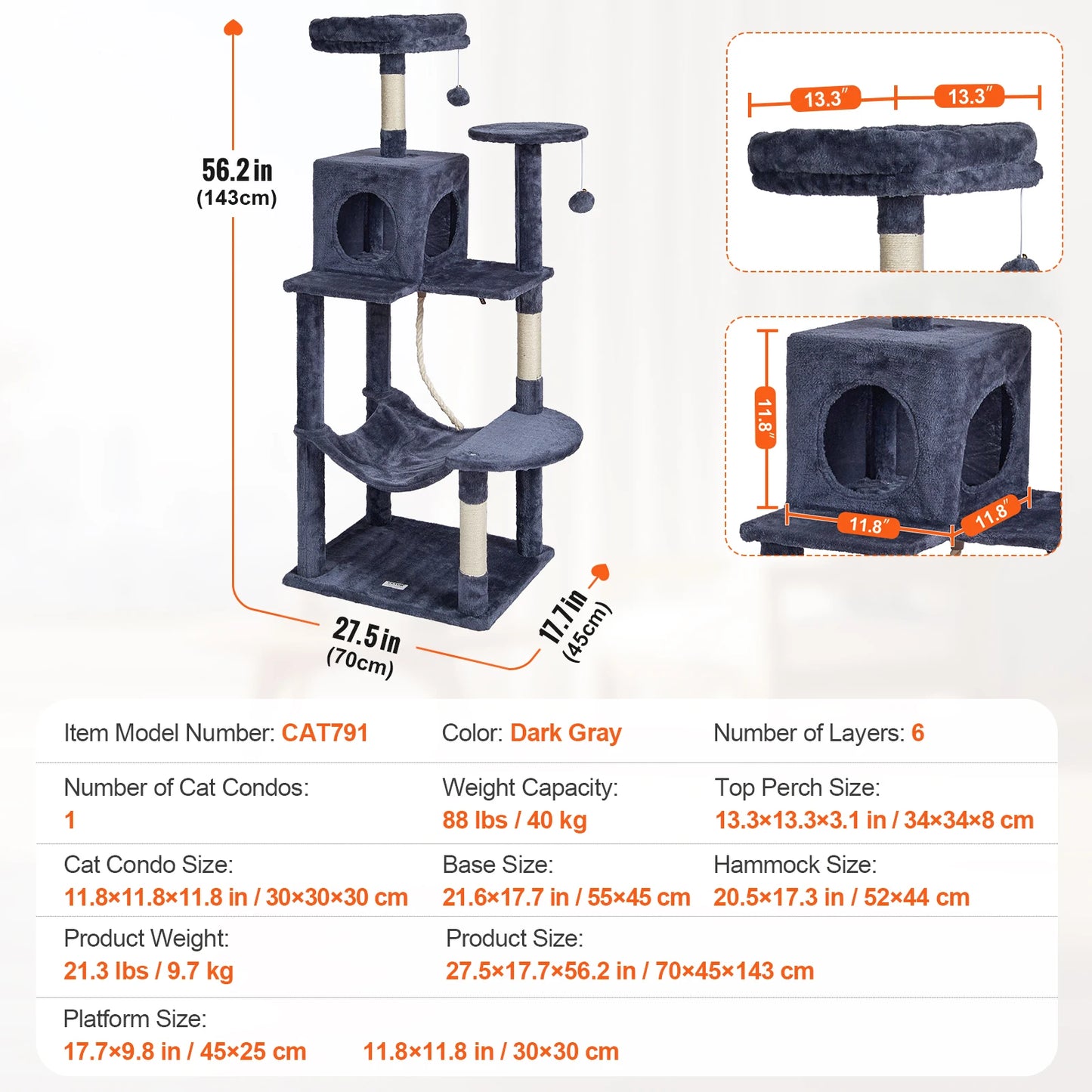 Cat Tree 45.2" Condo Scratching Post Hammock