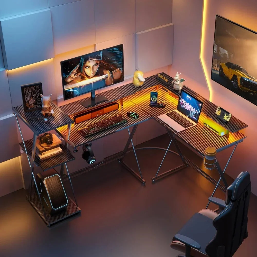 L Shaped Gaming Desk LED Lights Power Outlet