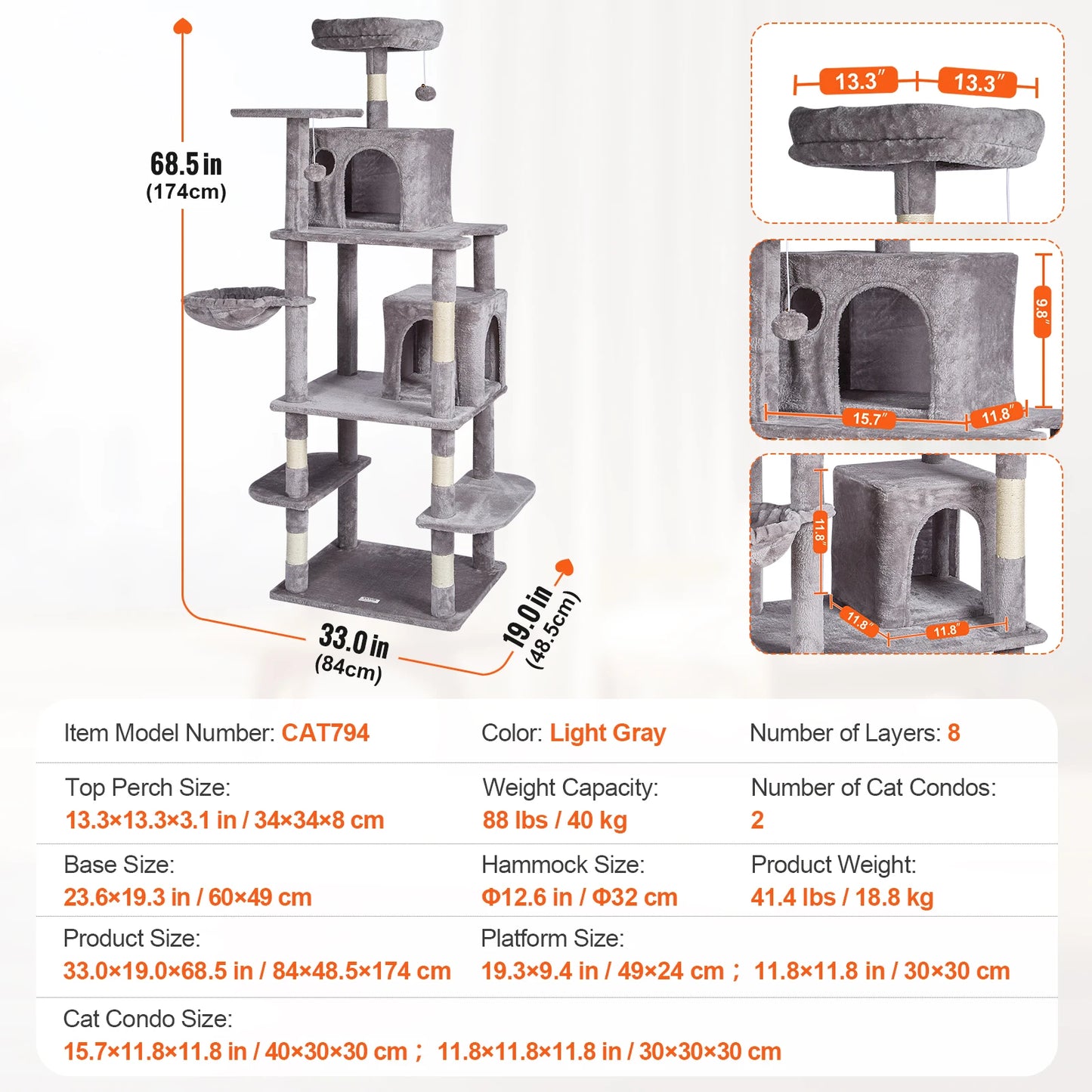 Cat Tree 45.2" Condo Scratching Post Hammock