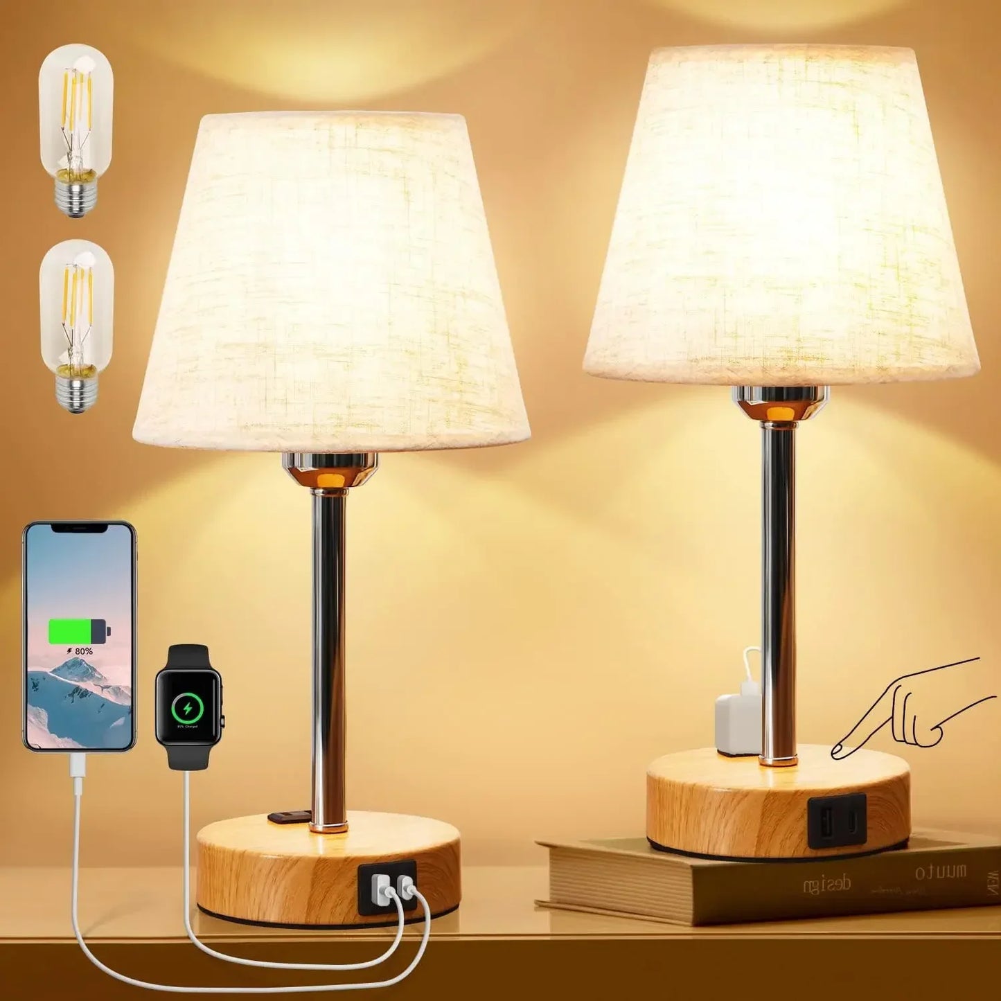 Bedside Table Lamps 2 -LED Bulbs Included, Touch