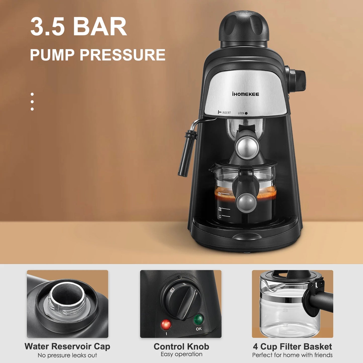 Espresso/ Cappuccino Fast Heating 1-4 Cups Milk Frothing