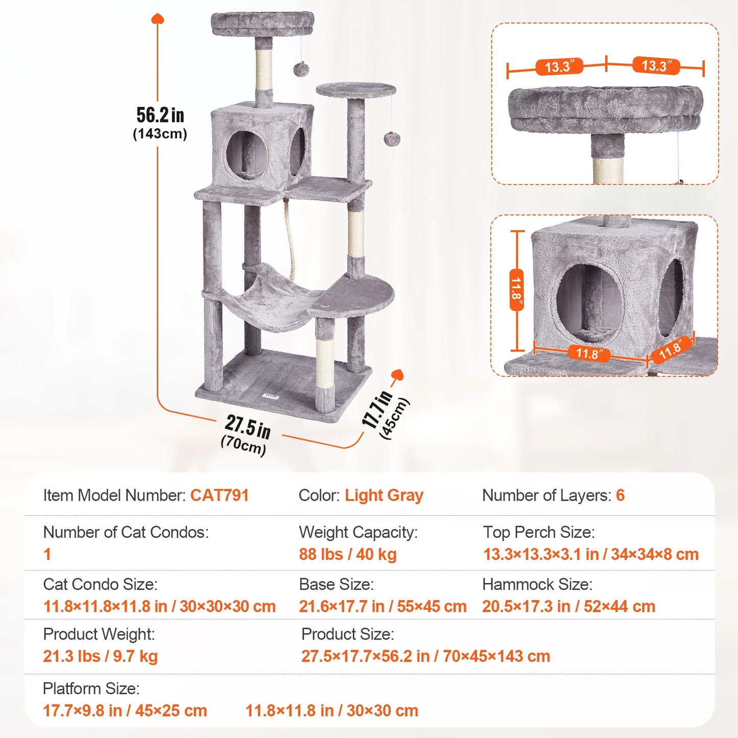 Cat Tree 45.2" Condo Scratching Post Hammock