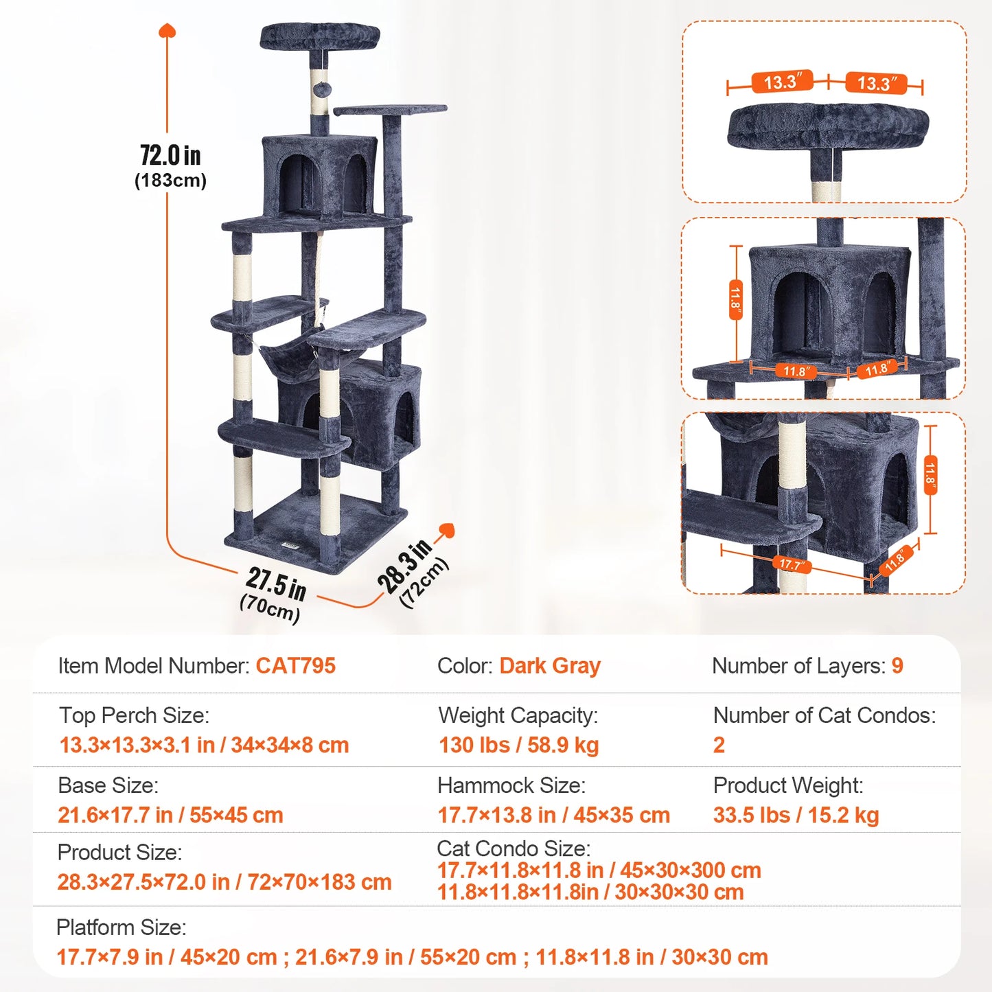 Cat Tree 45.2" Condo Scratching Post Hammock