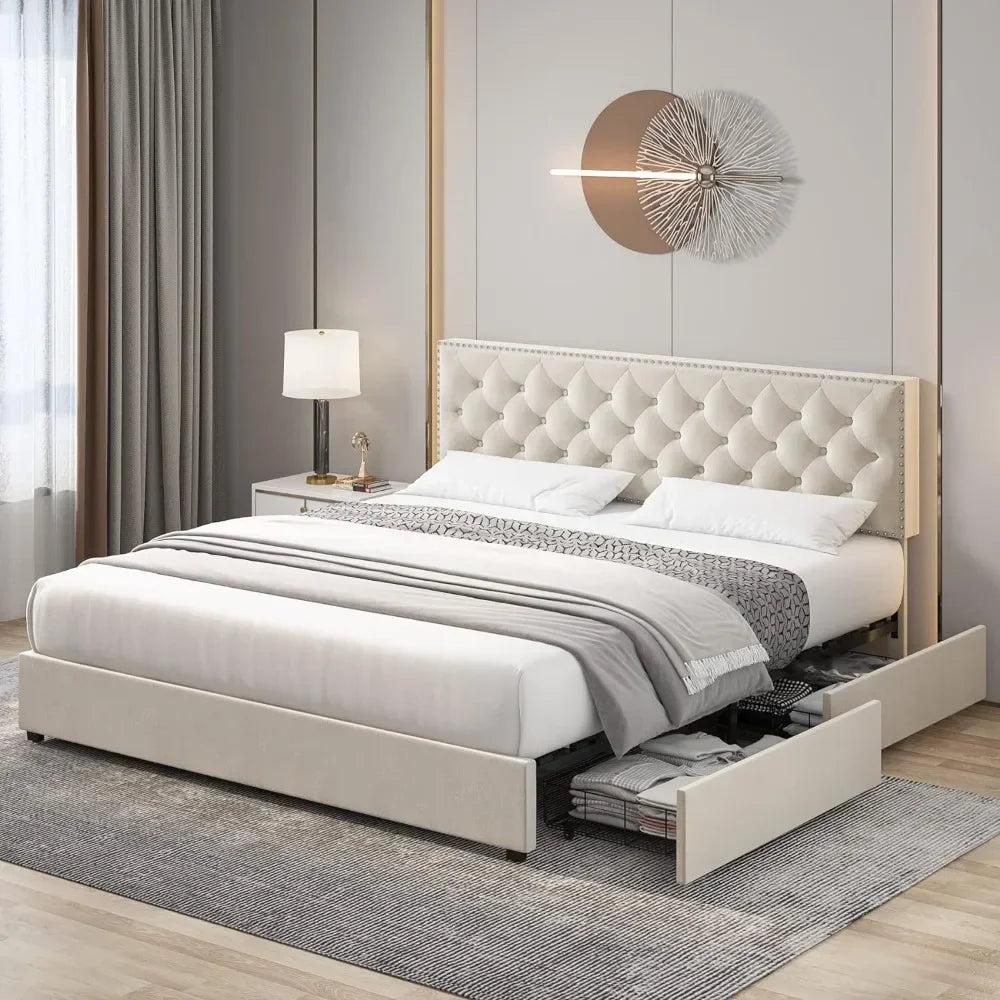King Size Bed Frame 4 Storage Drawers, Modern