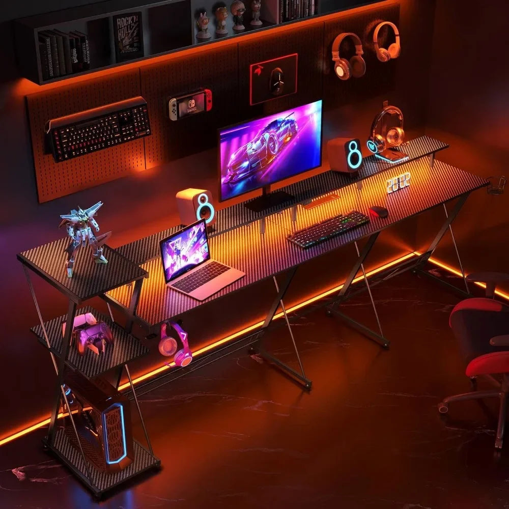 L Shaped Gaming Desk LED Lights Power Outlet