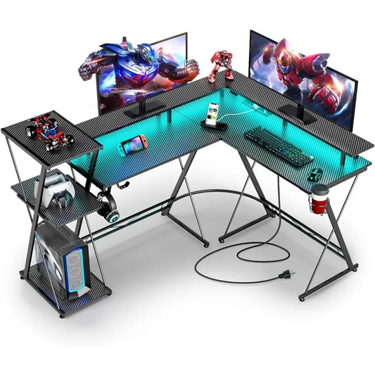 L Shaped Gaming Desk LED Lights Power Outlet