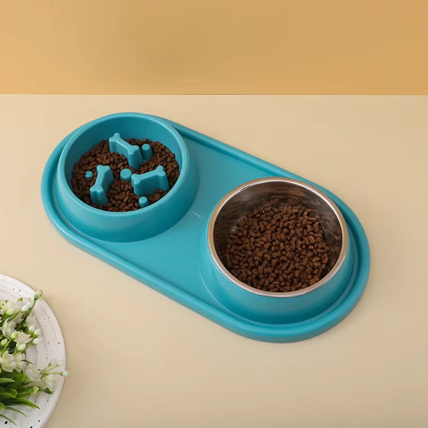 Double Bowls Cat Food Slow Feeder Bowl