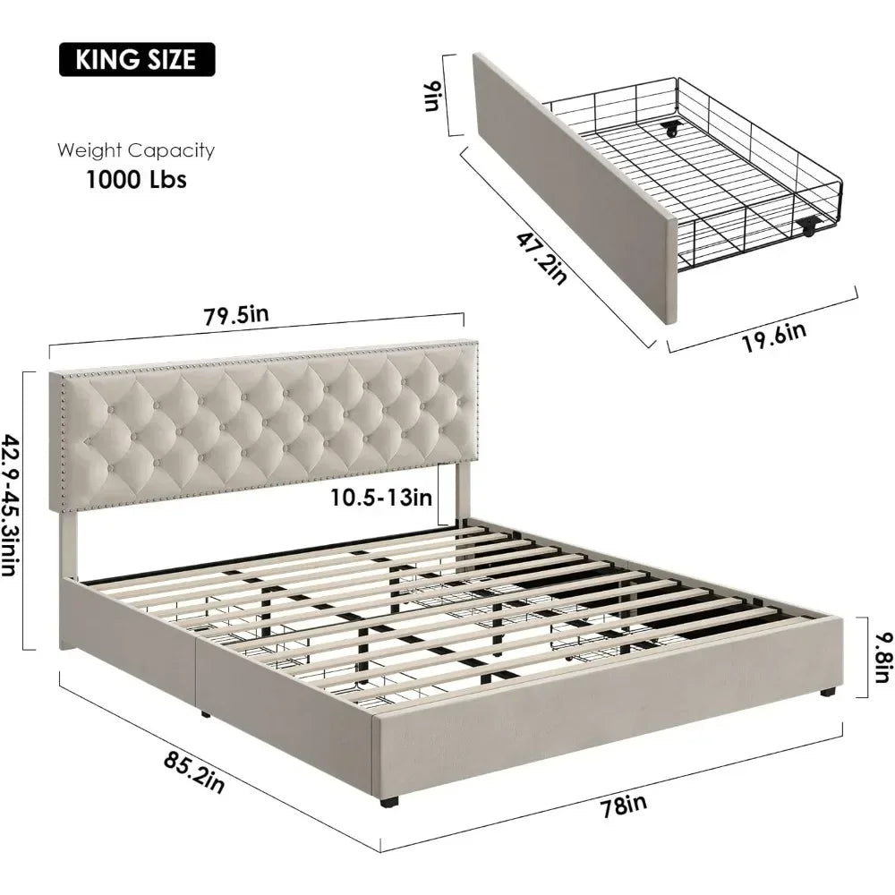 King Size Bed Frame 4 Storage Drawers, Modern