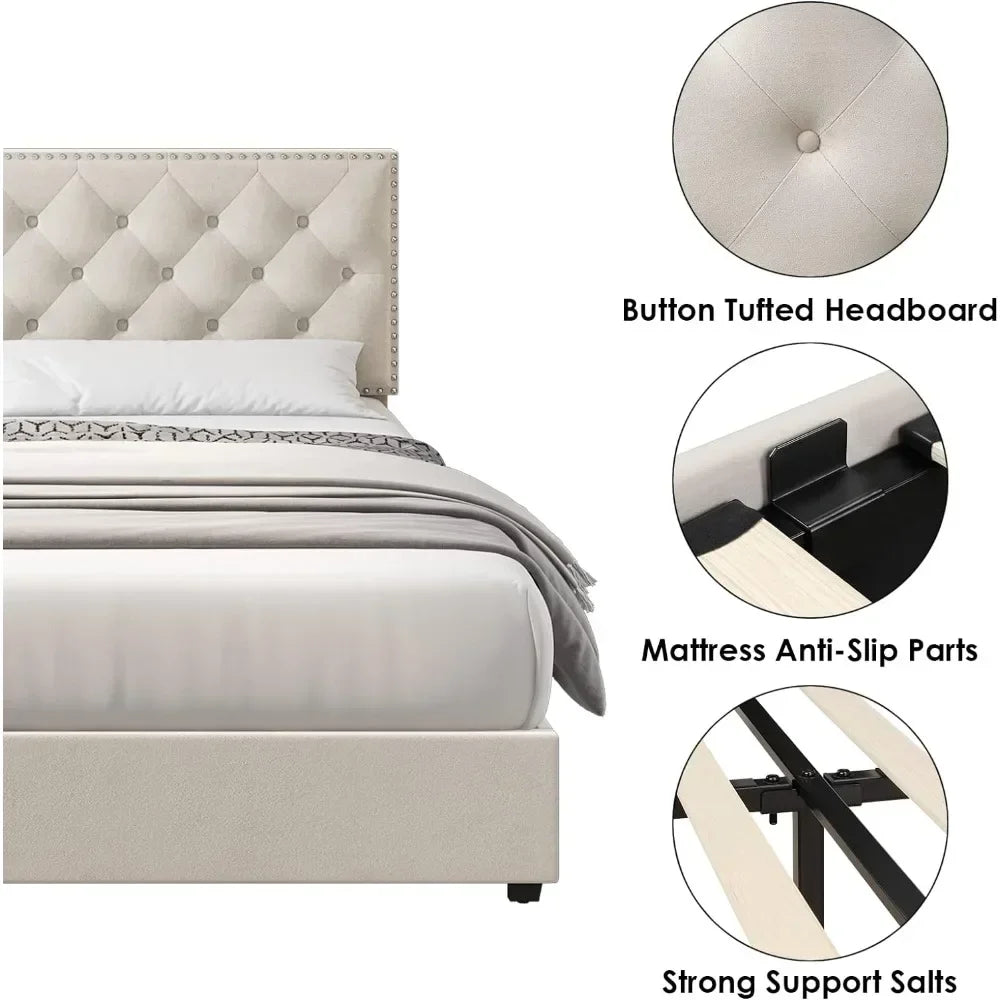 King Size Bed Frame 4 Storage Drawers, Modern