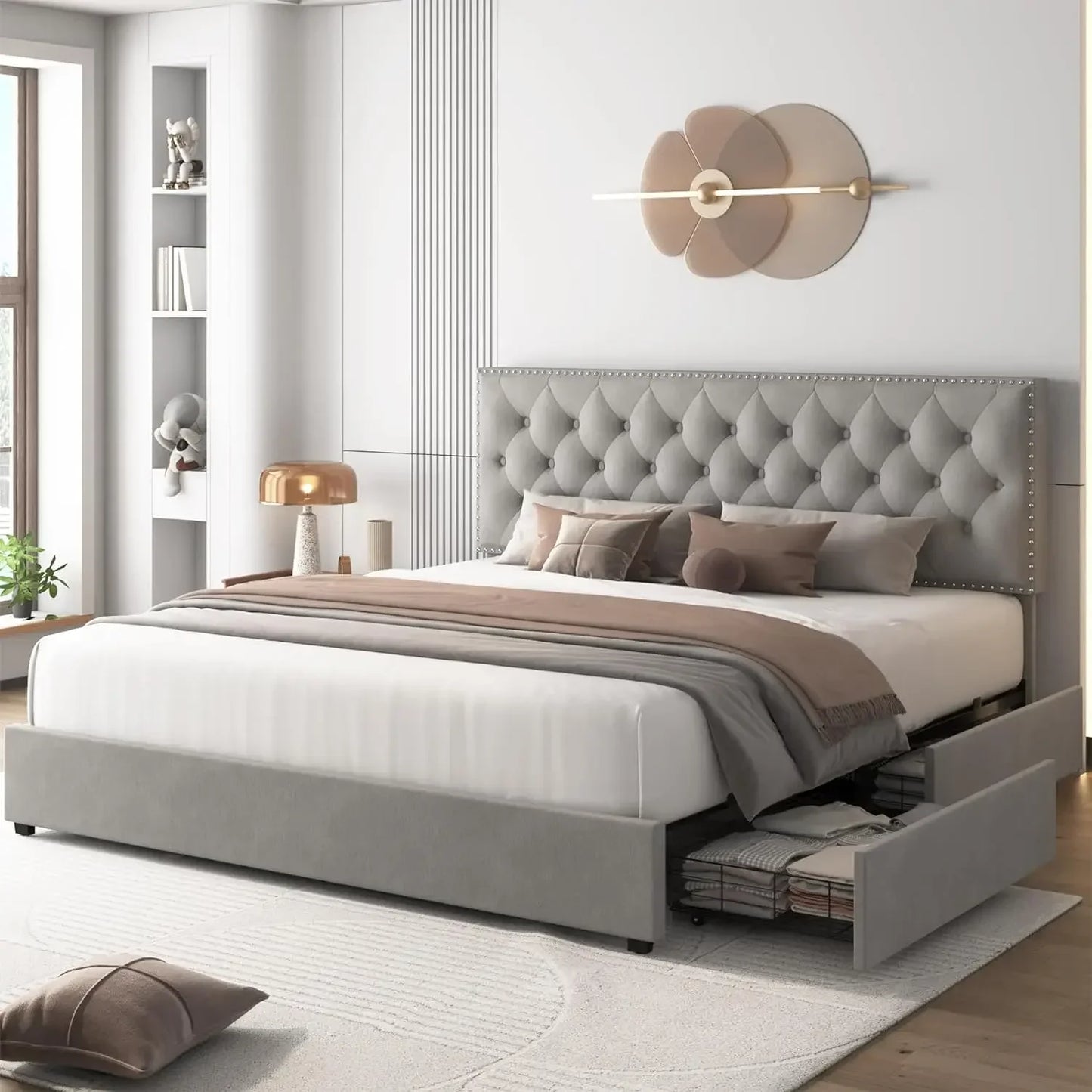 King Size Bed Frame 4 Storage Drawers, Modern