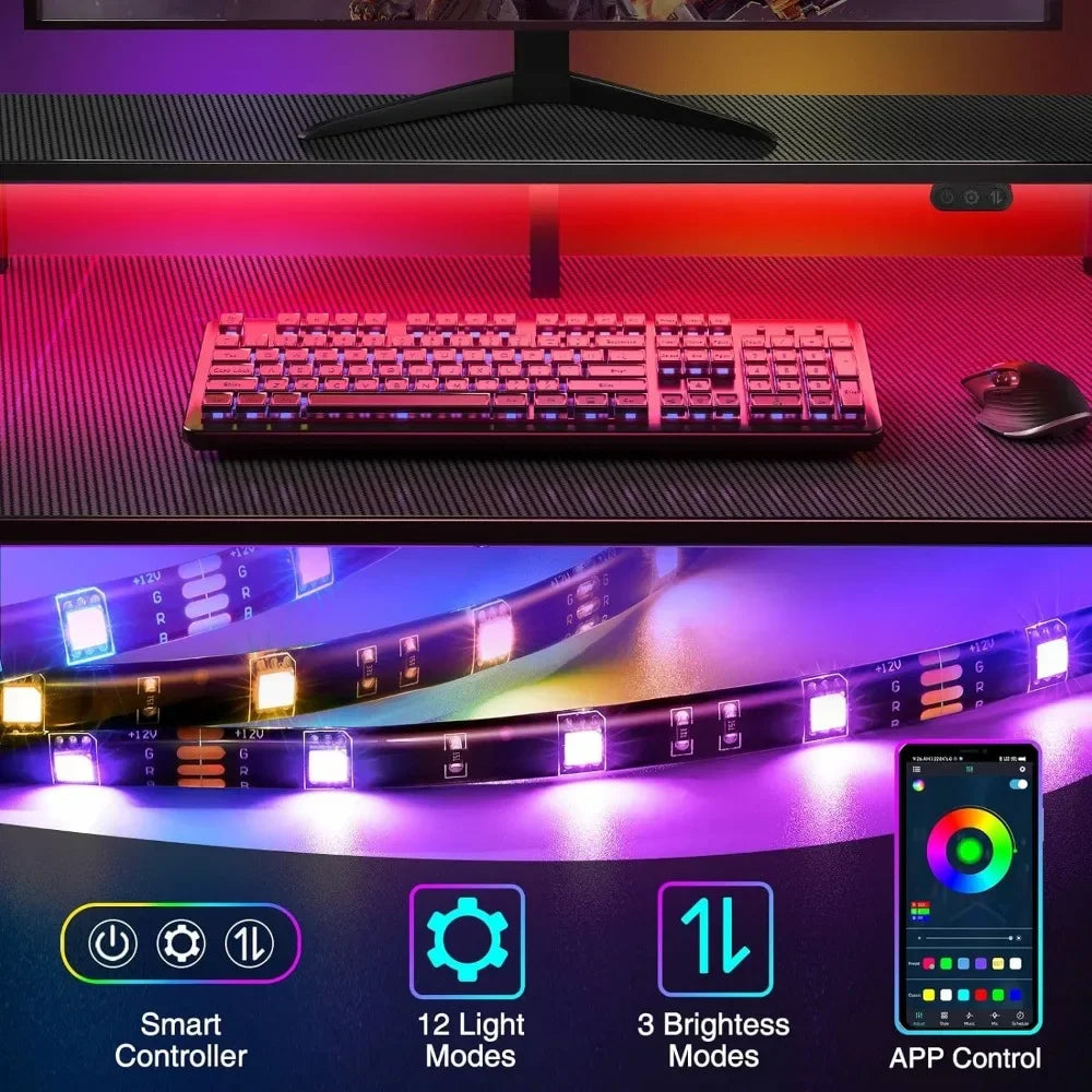 L Shaped Gaming Desk LED Lights Power Outlet