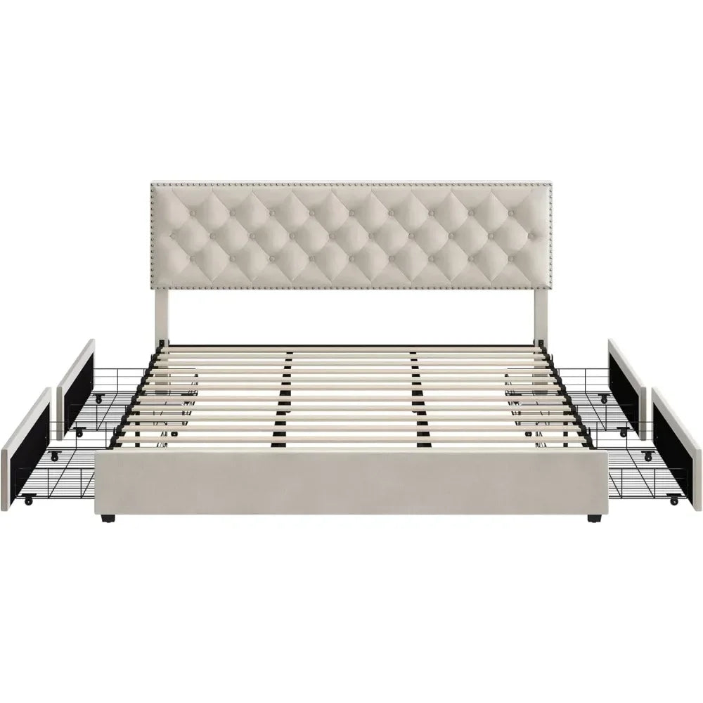 King Size Bed Frame 4 Storage Drawers, Modern