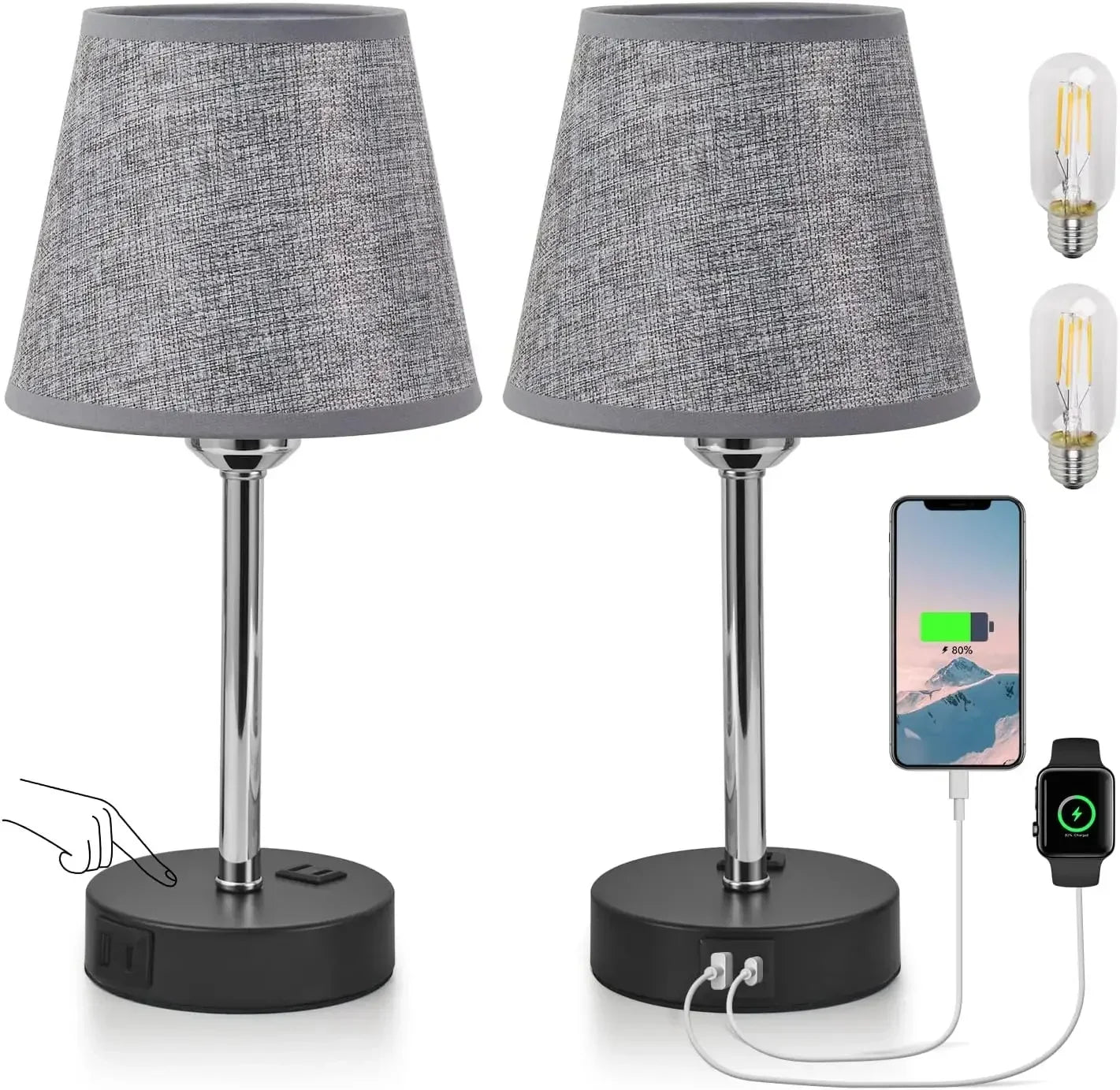 Bedside Table Lamps 2 -LED Bulbs Included, Touch